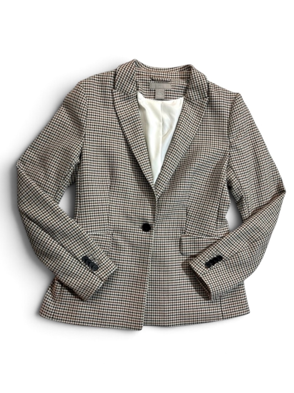 H&M Blazer Jacket Houndstooth Brown Fitted 1 Button Academia Small Fall